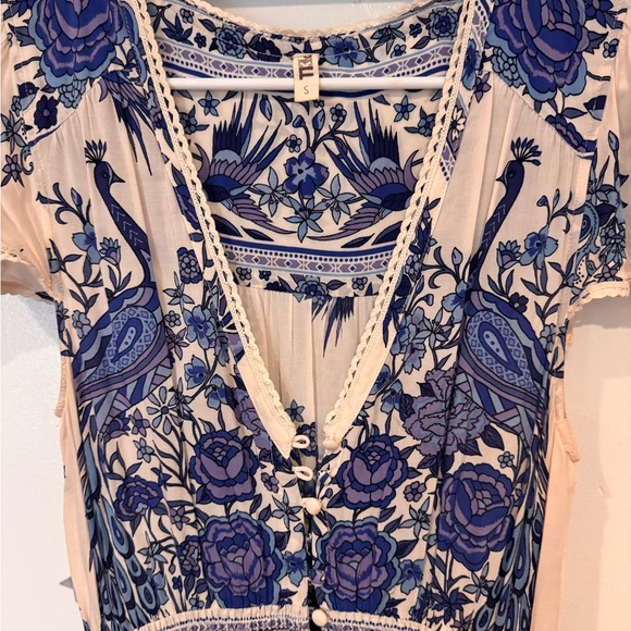 SPELL Vintage 🦋 Hotel Paradiso Bluebird Blue and Cream Floral Dress Small - Picture 4 of 8